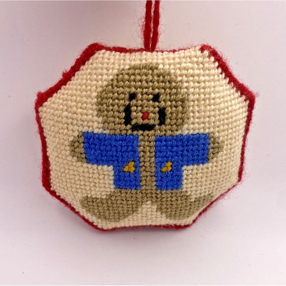 Handmade Needlepoint Christmas Ornament Double Sided Used - Picture 1 of 6